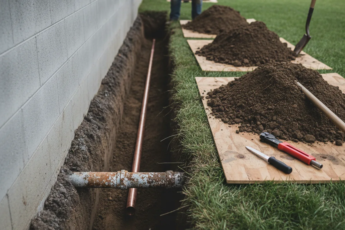 Excavated water line trench during Water Heater Repair in Eaton